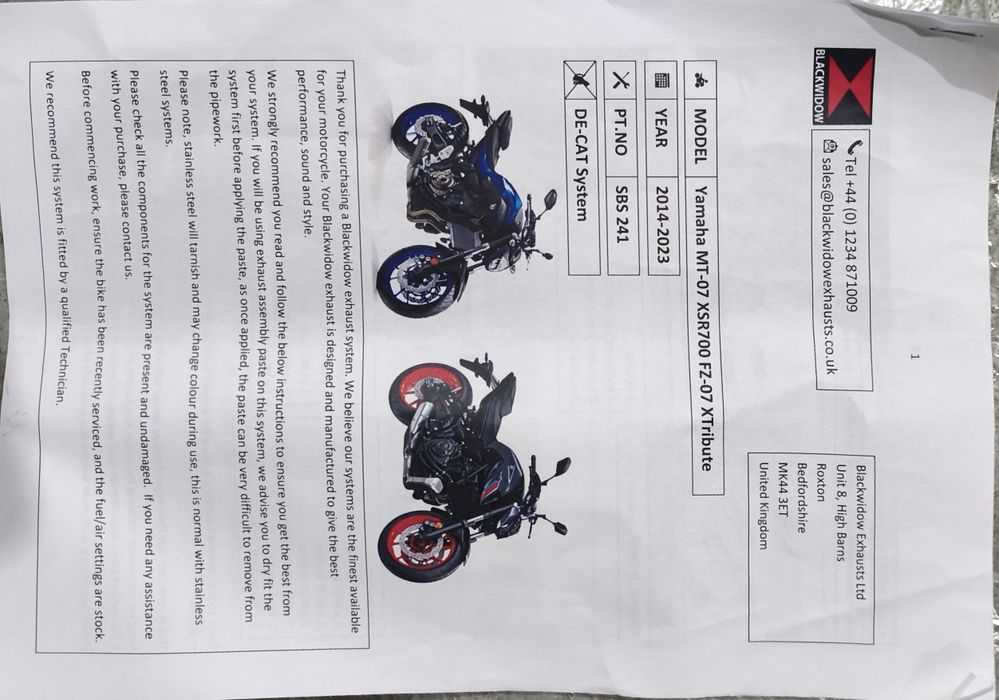 Black Widow  Yamaha MT 07/TRACER / XSR