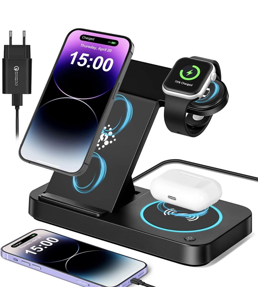 Base Wireless (4 em 1) carregamento sem fios - Qi (Iphone, Apple Watch