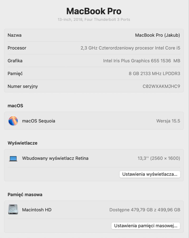 MacBook Pro 13,3 A1989 stan bdb