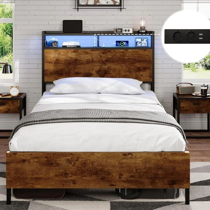 Łóżko metalowe Sikaic 90x200 cm z LED, gniazdkiem i USB – nowoczesne