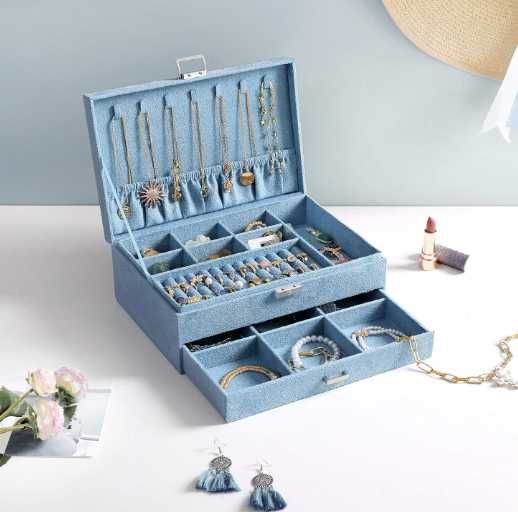 Szkatułka na biżuterie organizer pudełko niebieskie