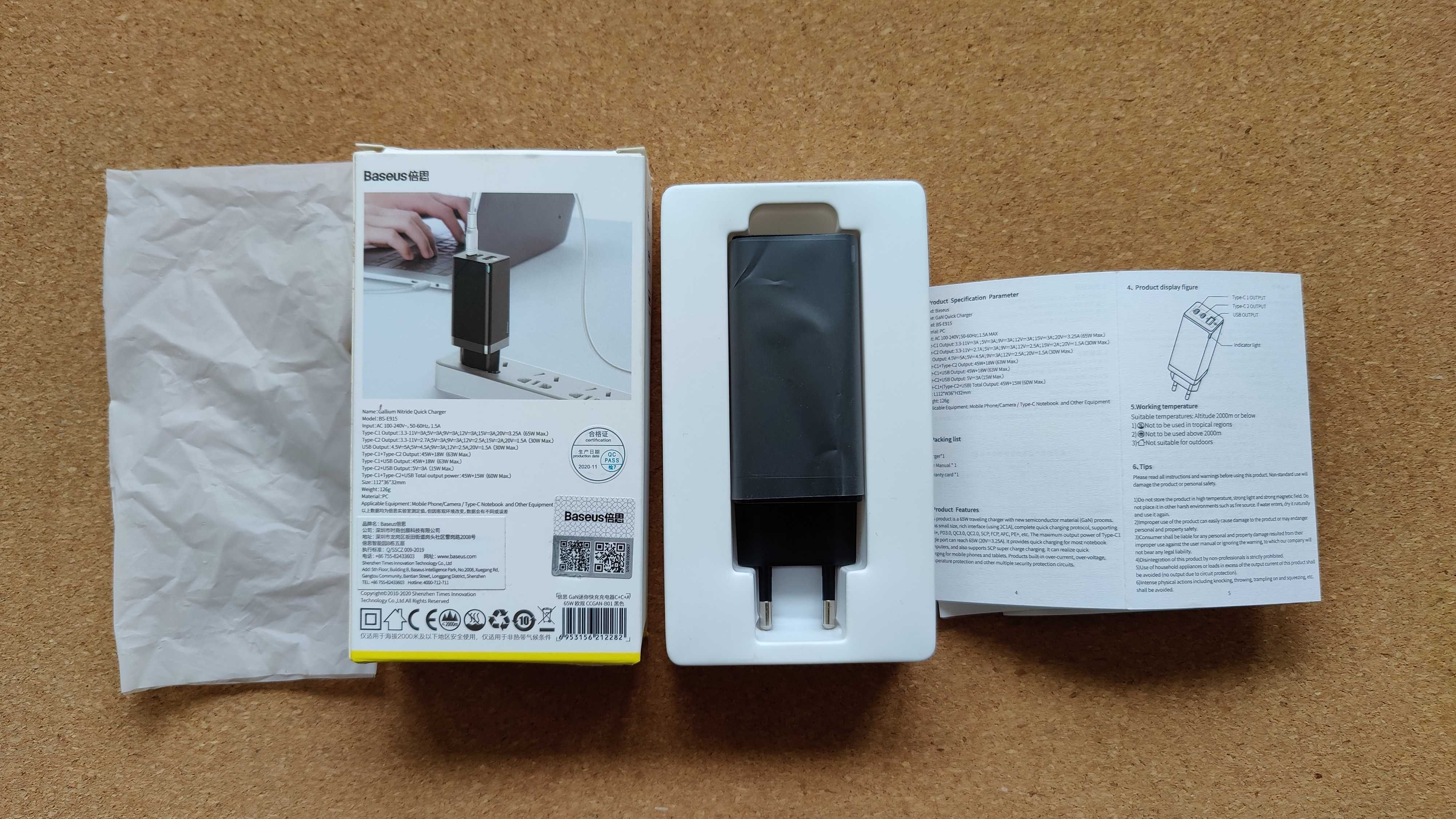 Carregador Baseus 65W GaN 2*USB-C 1*USB-A