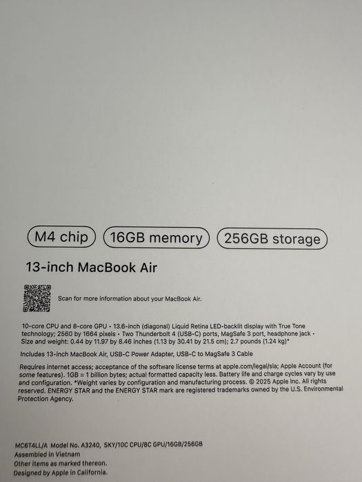 MacBook Air 13” 16GB 256GB M4 Sky Blue Midnight Silver Starlight новий