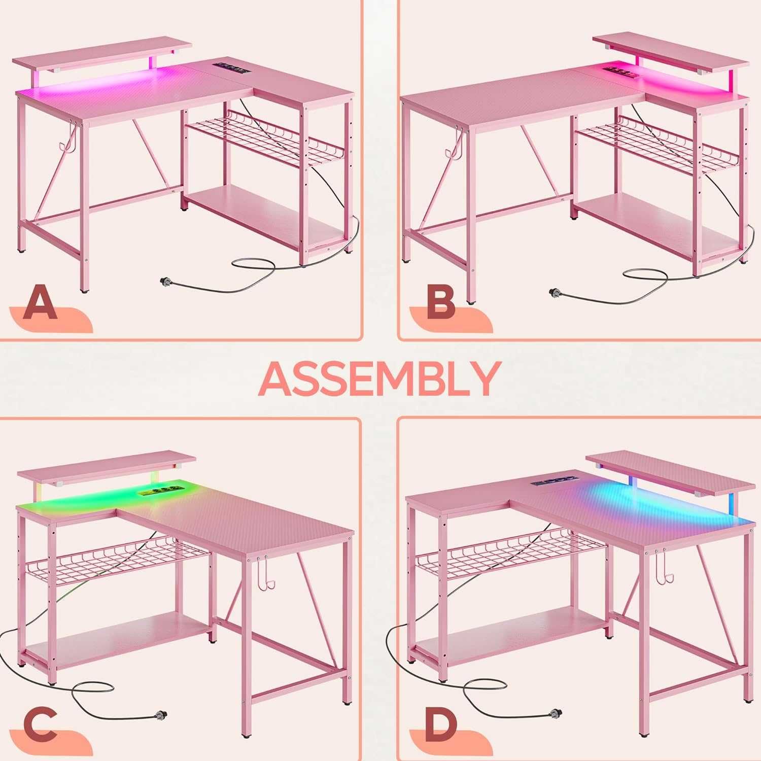 Mesa de gaming fibra de carbono secretária rosa 106x80 com LED /tomada
