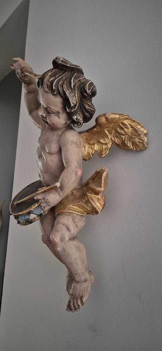 Antyk stara drewniana rzeźba aniołek putto cherubin barok unikat