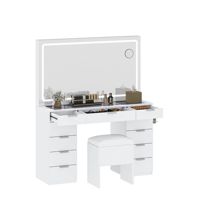 Biała toaletka z lustrem i taboretem stolik do makijażu 11 szuflad