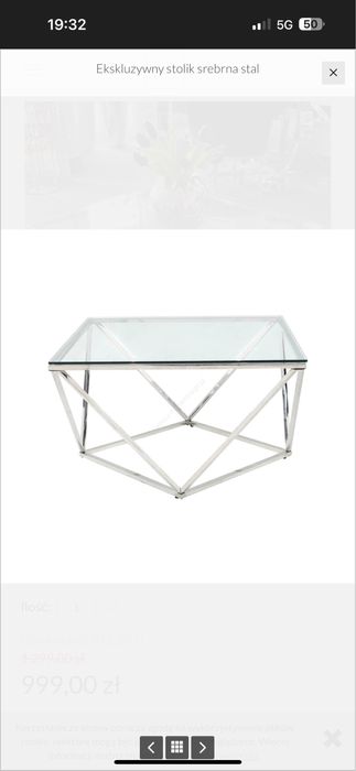 Stolik glamour, srebrna oprawa, szklany blat