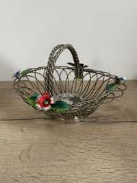 Koszyczek pleciony metalowy w kwiaty koszyk Vintage
