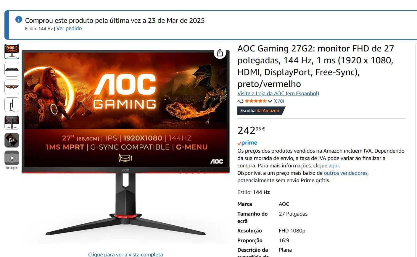 AOC Gaming 27G2 monitor FHD 27 polegadas, 144 Hz e 1 ms