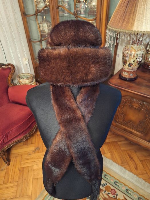 Kapelusz (czapka) + szal z norek - norki