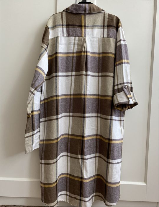 Sukienka koszulowa M oversize w kratkę brazowa