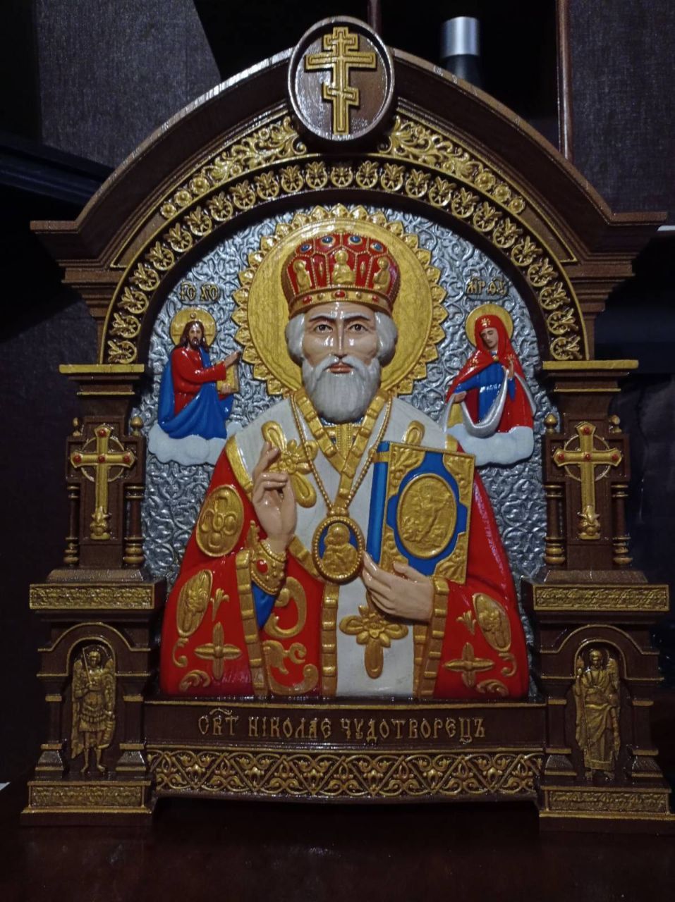Икона Николай Чудотворец резная, ручная работа 64×44×4 см.
