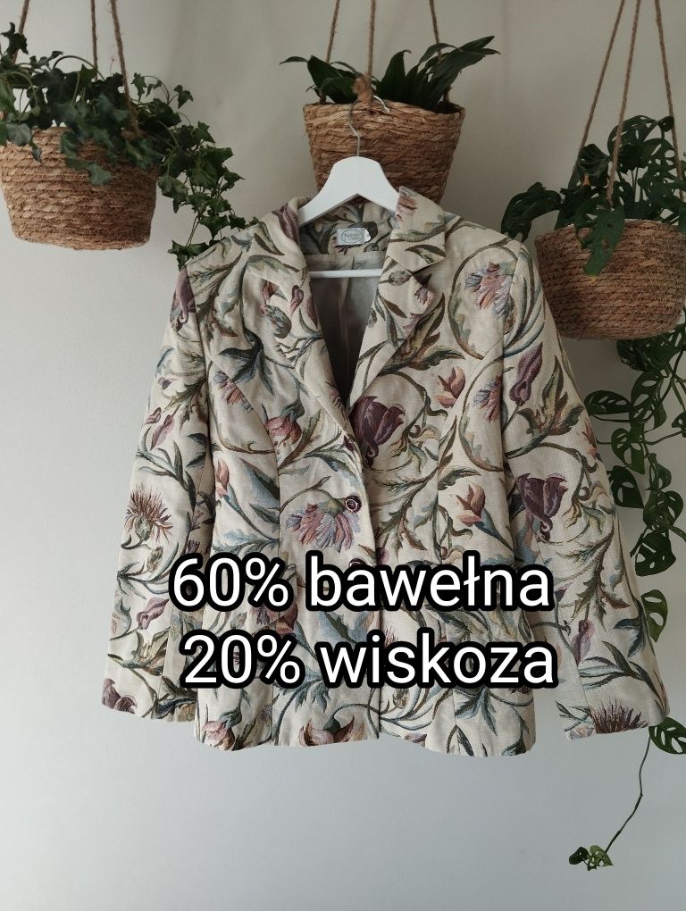 Damska dłuższa marynarka żakiet, w liście, kwiaty, ornament, kolory zi