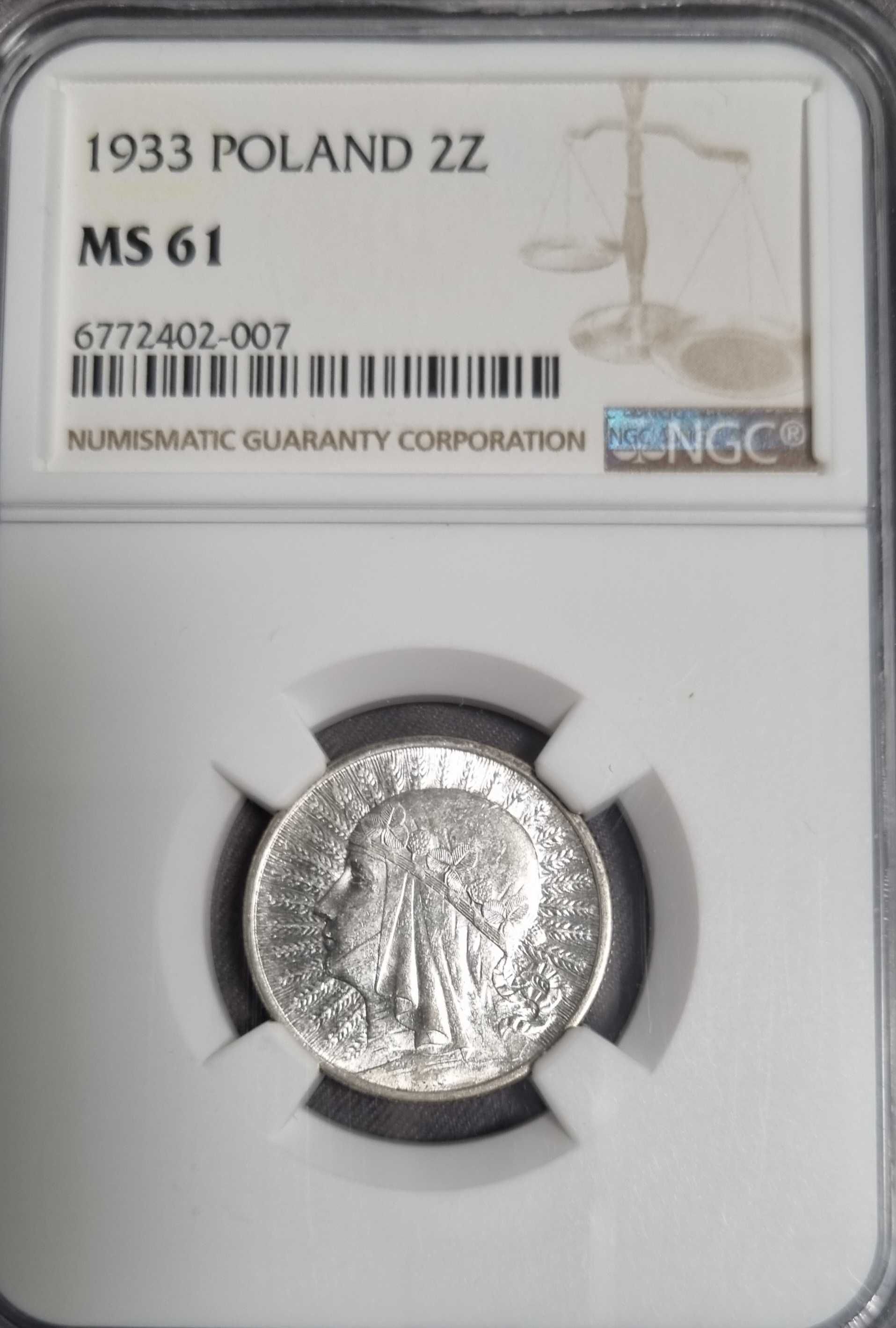 2 złote 1933 NGC MS61 , II RP  POLSKA , Ładna