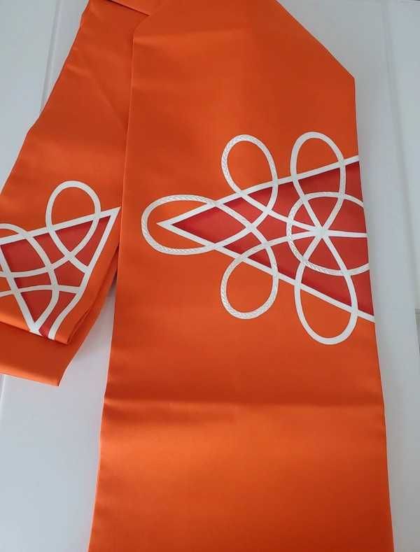 Japoński pas nagoya obi do kimono pomarańczowy w białe linie 334 cm