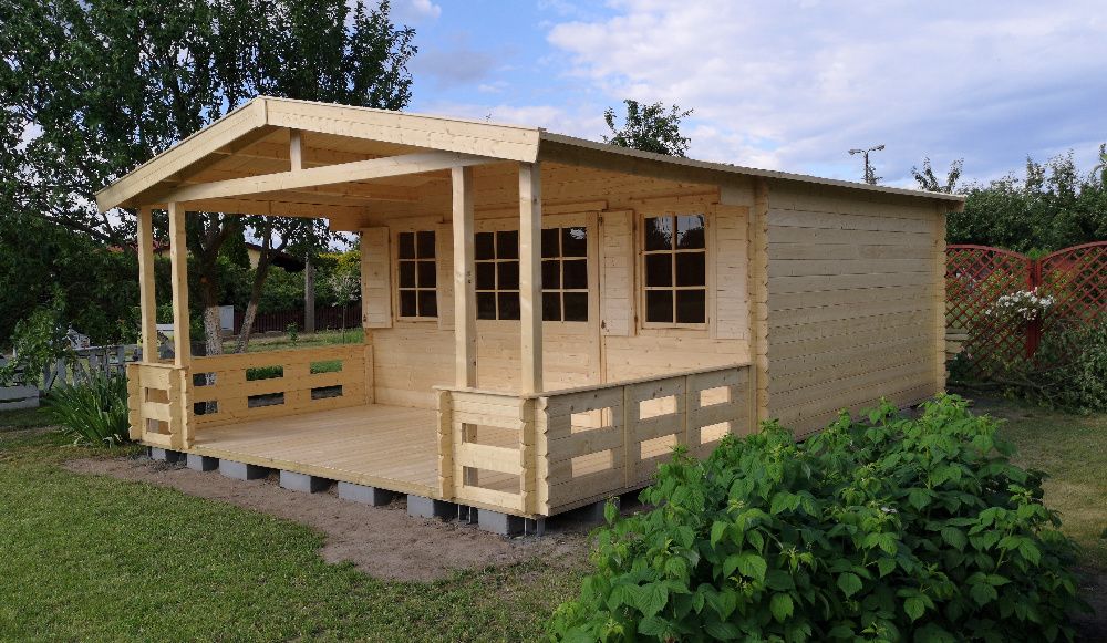 Domek drewniany ogrodowy z tarasem 28 6,64 x 4,74 duży weranda