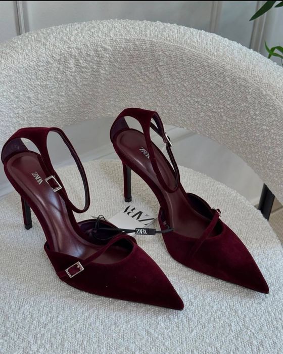 Zara туфлі лодочки бордові марсала велюр на каблуку