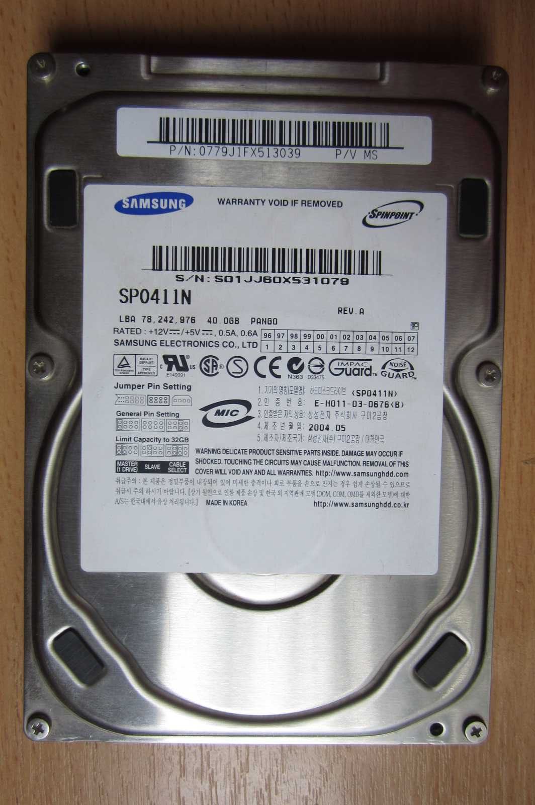 Жесткий диск Samsung 40Gb SP0411N IDE 3,5", Speed 7200 rpm, Smart OK