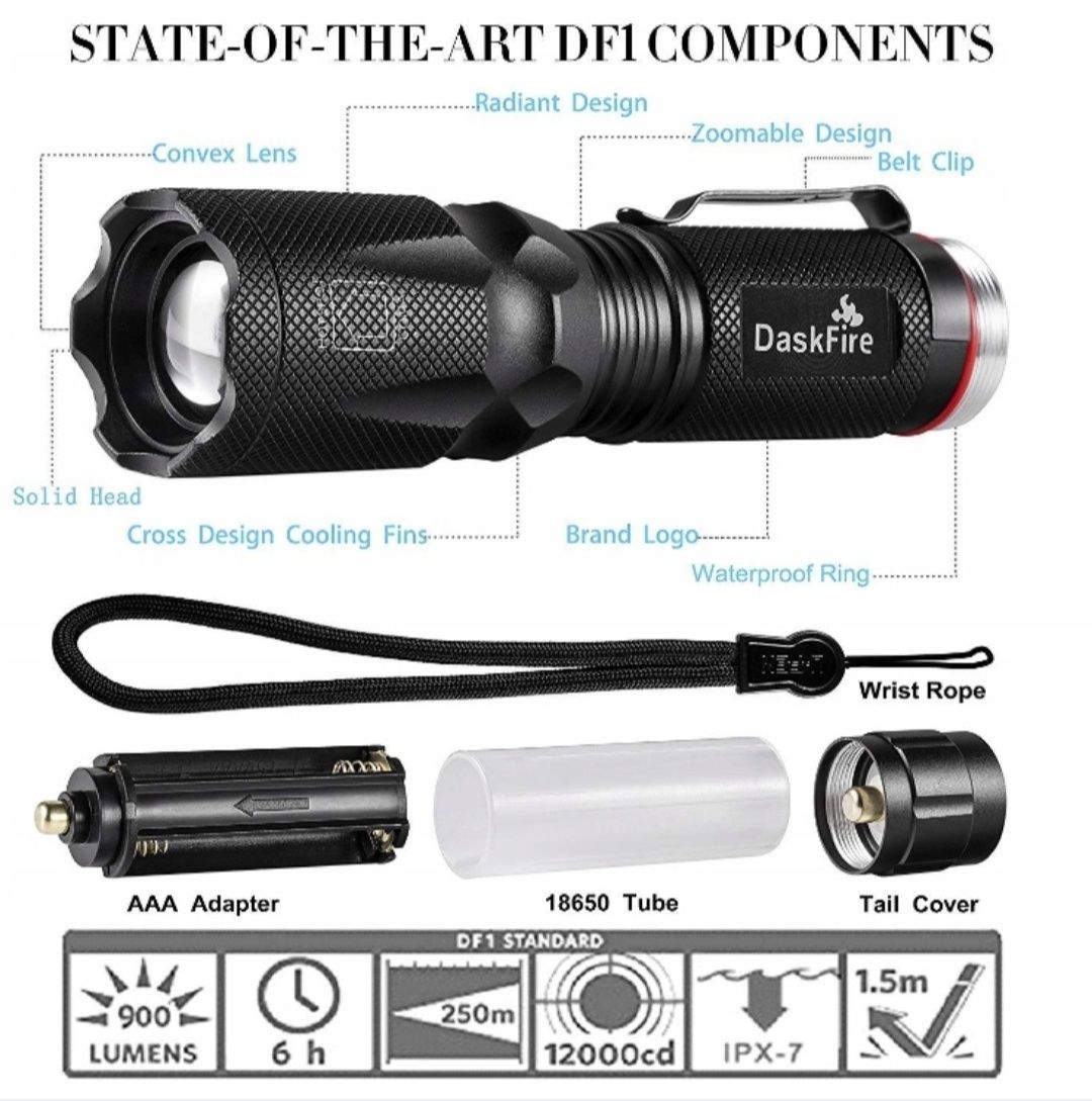 DaskFire Latarka 2 w 1 z LED biała dioda i ręczną latarką, UV 395 zoom