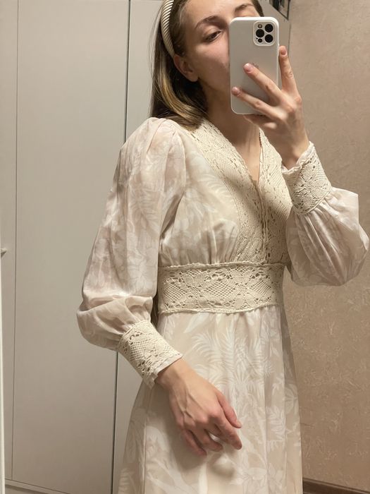 Сукня шифонова бежева квіткова, s, осінь- літо з довгим рукавом