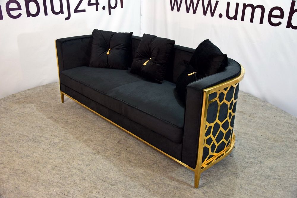 Czarna sofa 3os. Galaxy złota rama Glamour PROMOCJA!