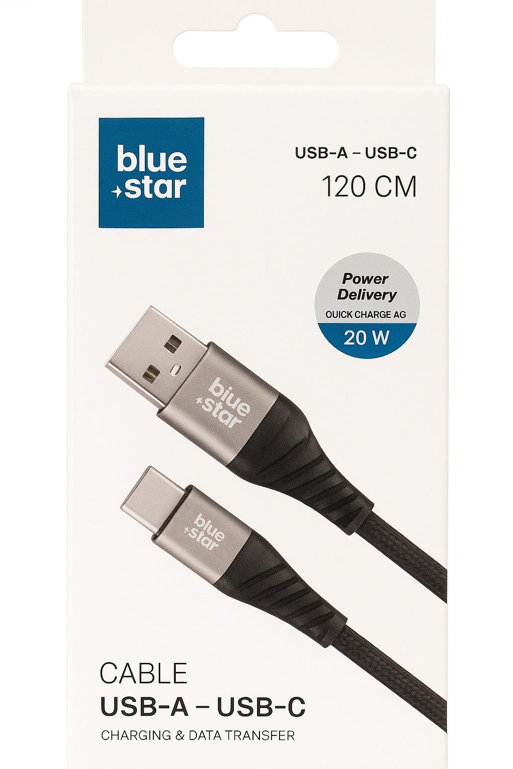 Kabel Blue Star USB-A do USB-C o długości 120 cm.