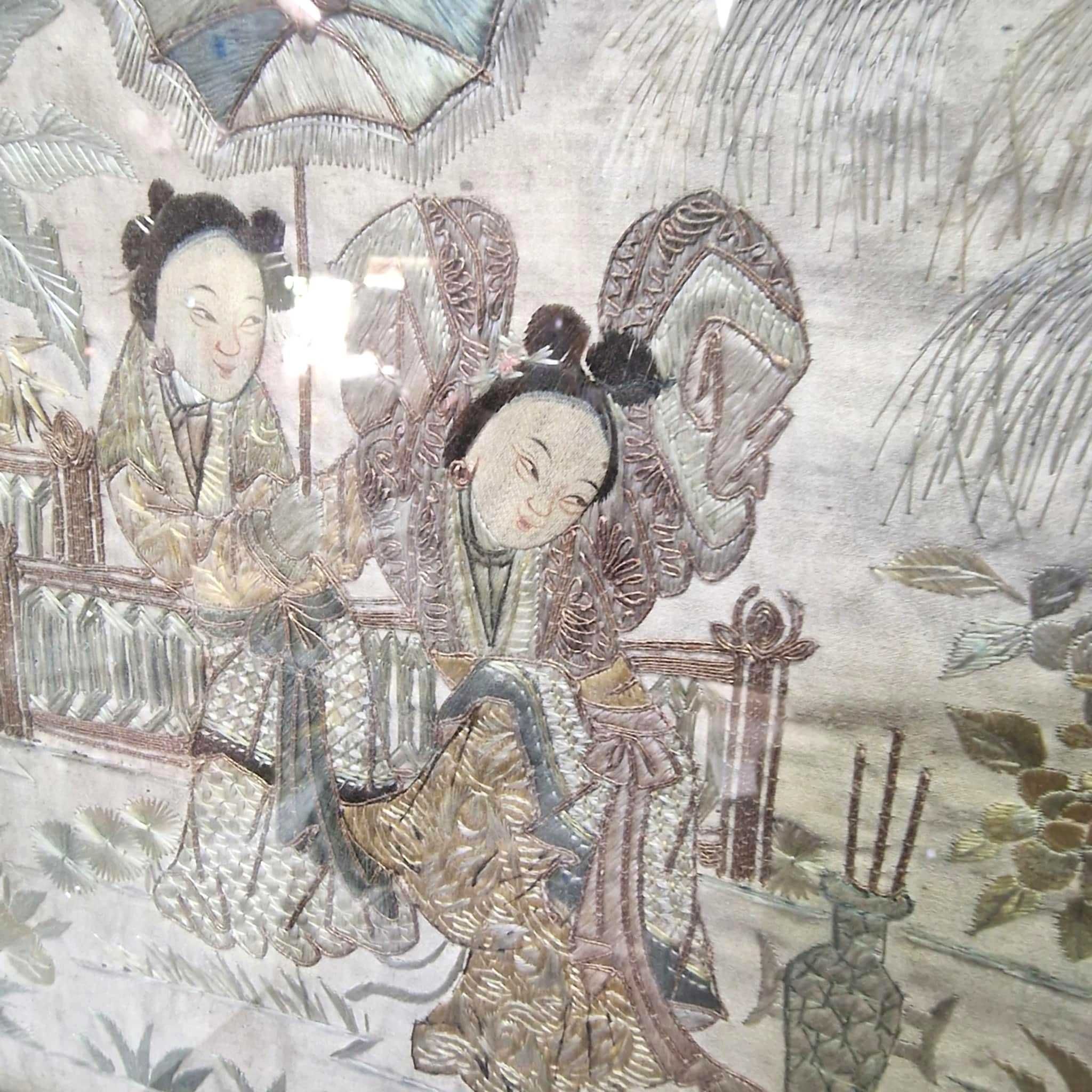 Antyk z XIXw Chiny  wyszywany  jedwab - obraz panel