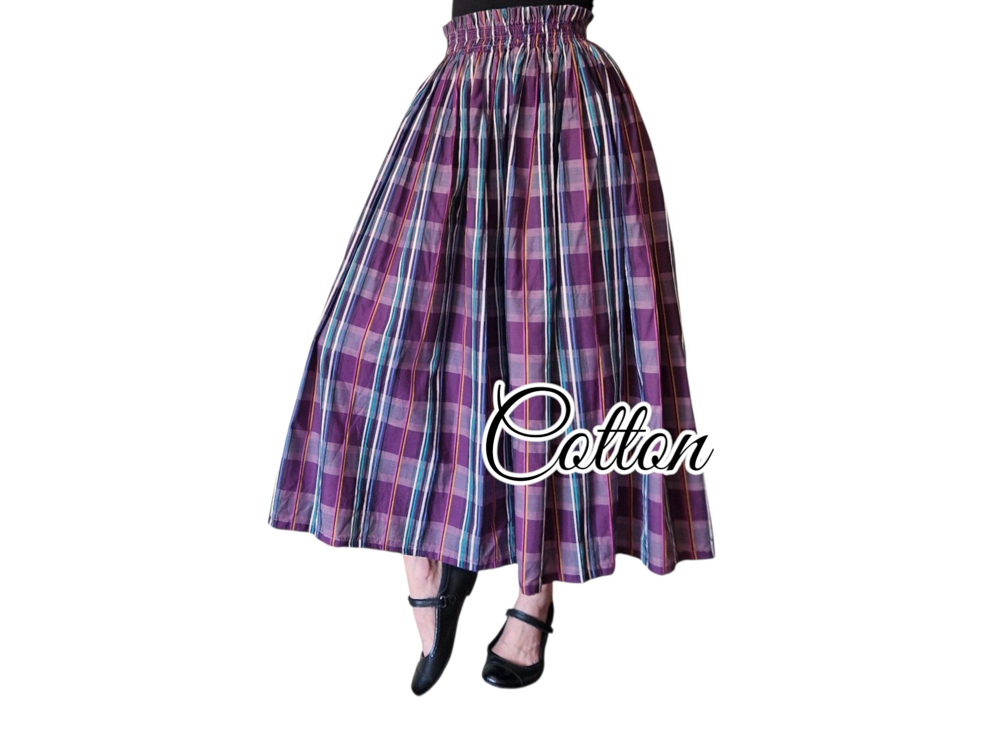 Spódnica retro vintage midi  fioletowa w paski M L