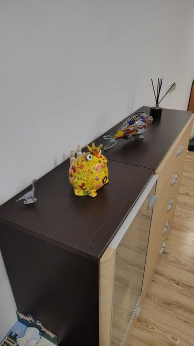 DUŻY ZESTAW MEBLI SALONOWYCH wenge/jasne drewno (Komoda, Witryna, RTV)