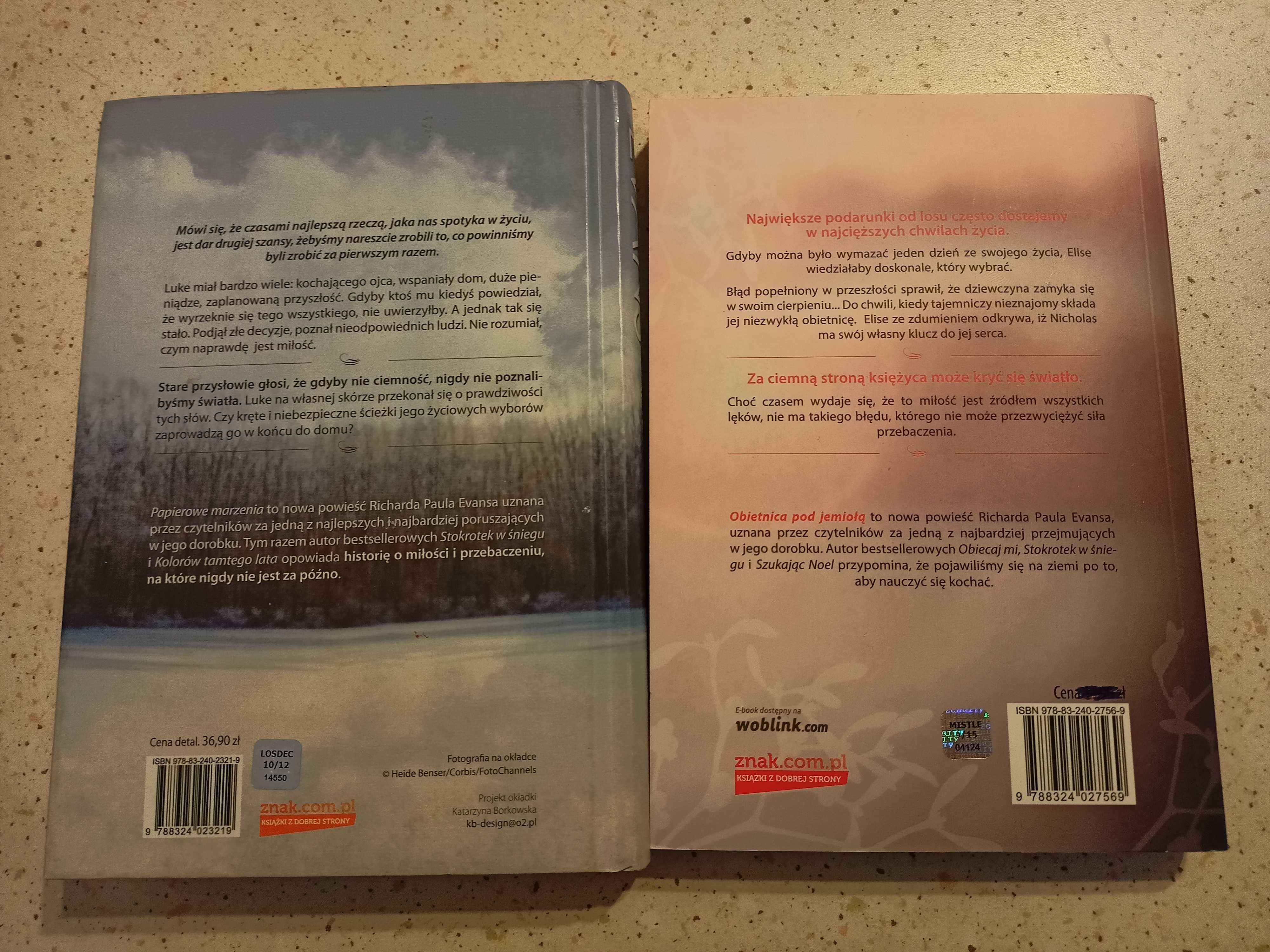 2 książki Evansa "Papierowe marzenia" i "Obietnica pod jemiołą"