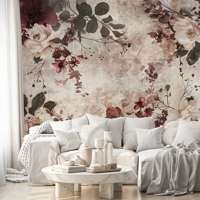 Fototapeta Beż Kwiaty Jesień Brąz Ciemna Do Pokoju Sypialni 3D + KLEJ