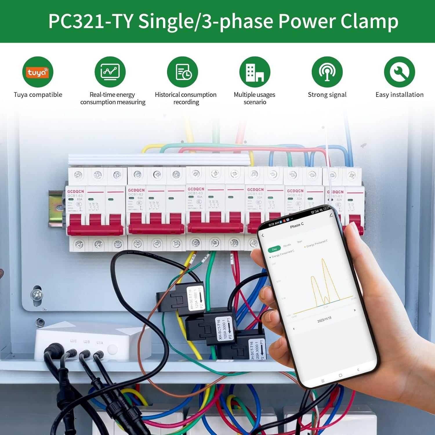 OWON 3-fazowy Smart Monitor Energii WiFi z 3 czujnikami 80A