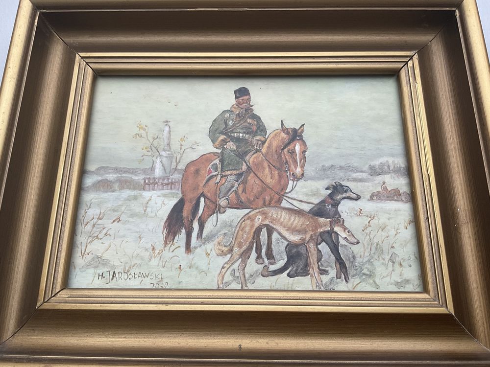 Kozak na Koniu z Chartami Złota Ramą 34 x 27 cm