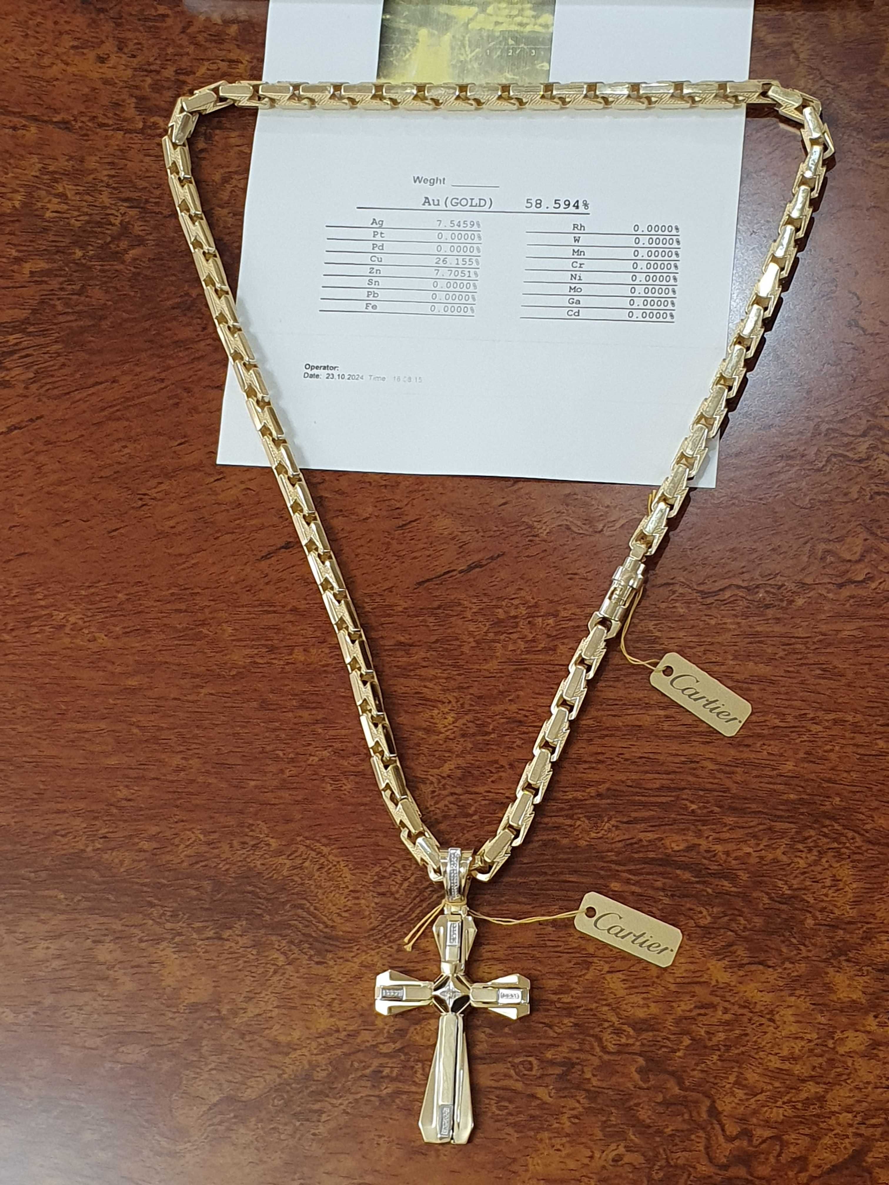 Złoty Łańcuch-130gr+KRZYŻ Z DIAMENTAMI-31szt-Złoty łańcuszek męski 585