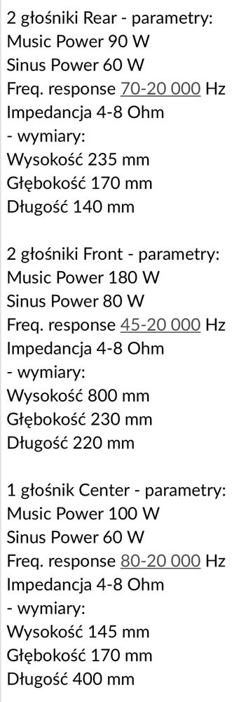 Zestaw głośników kolumny satelity 2x, centralny 1x, główne 2x