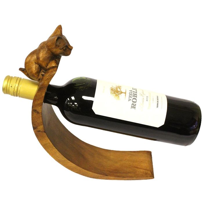 Drewniany Balansujący Stojak na Wino 30 cm Kot Ręcznie Rzeźbiony