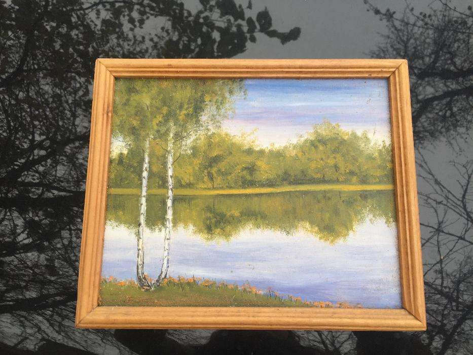 картина маслом природа береза река в деревянной рамке