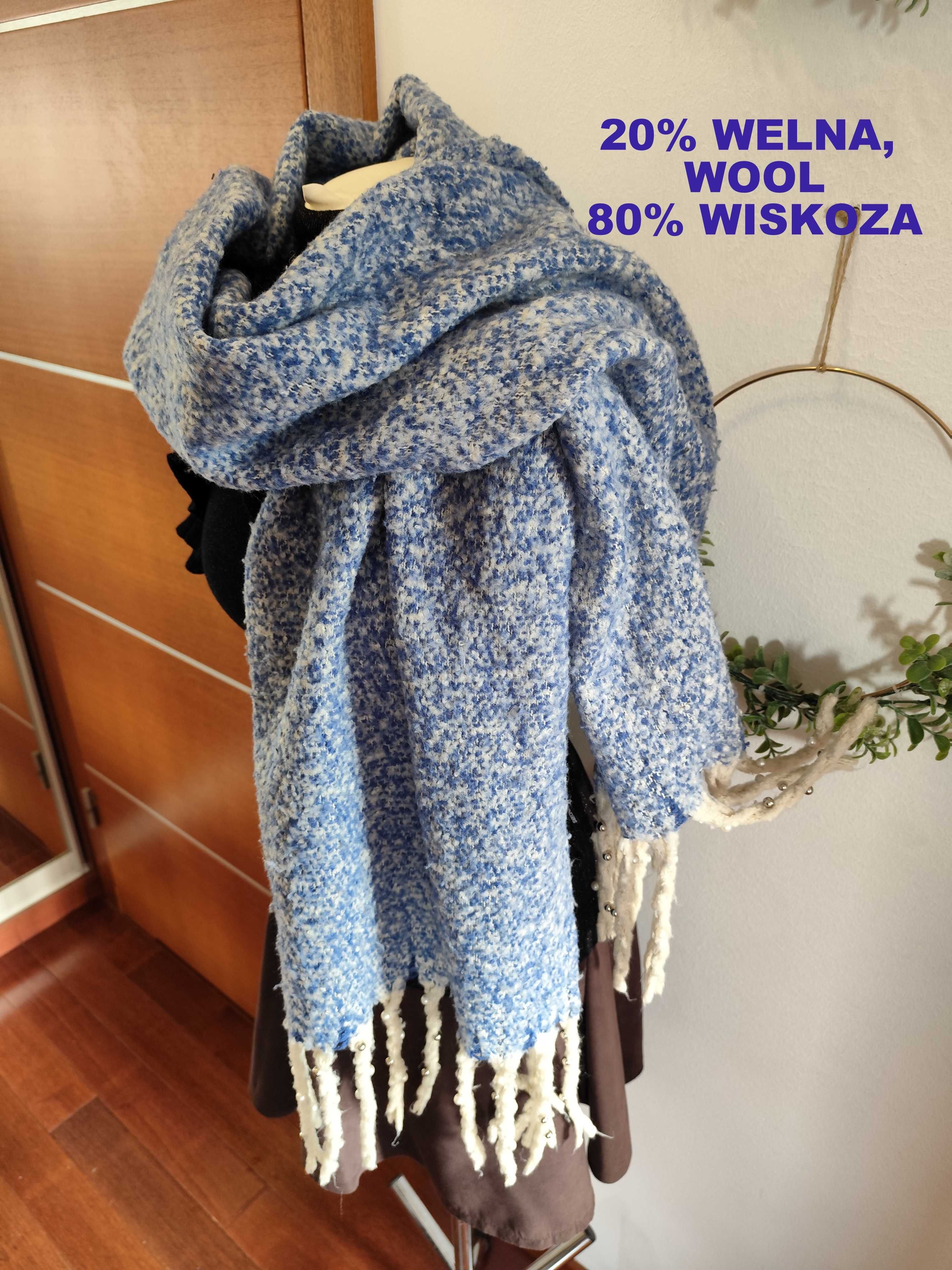 Gruby wełniany szalik, niebiesko kremowy wełna i wiskoza 200x50cm