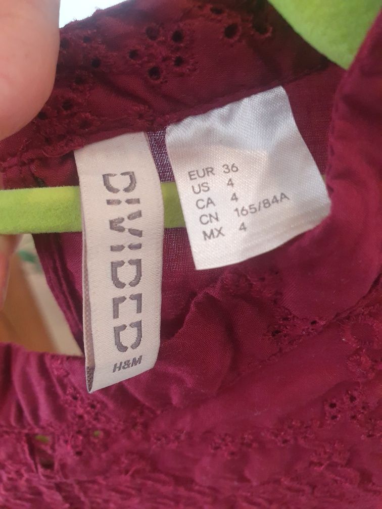 Sukienka H&M 36 bawełna ażurowa wyszywana bordo