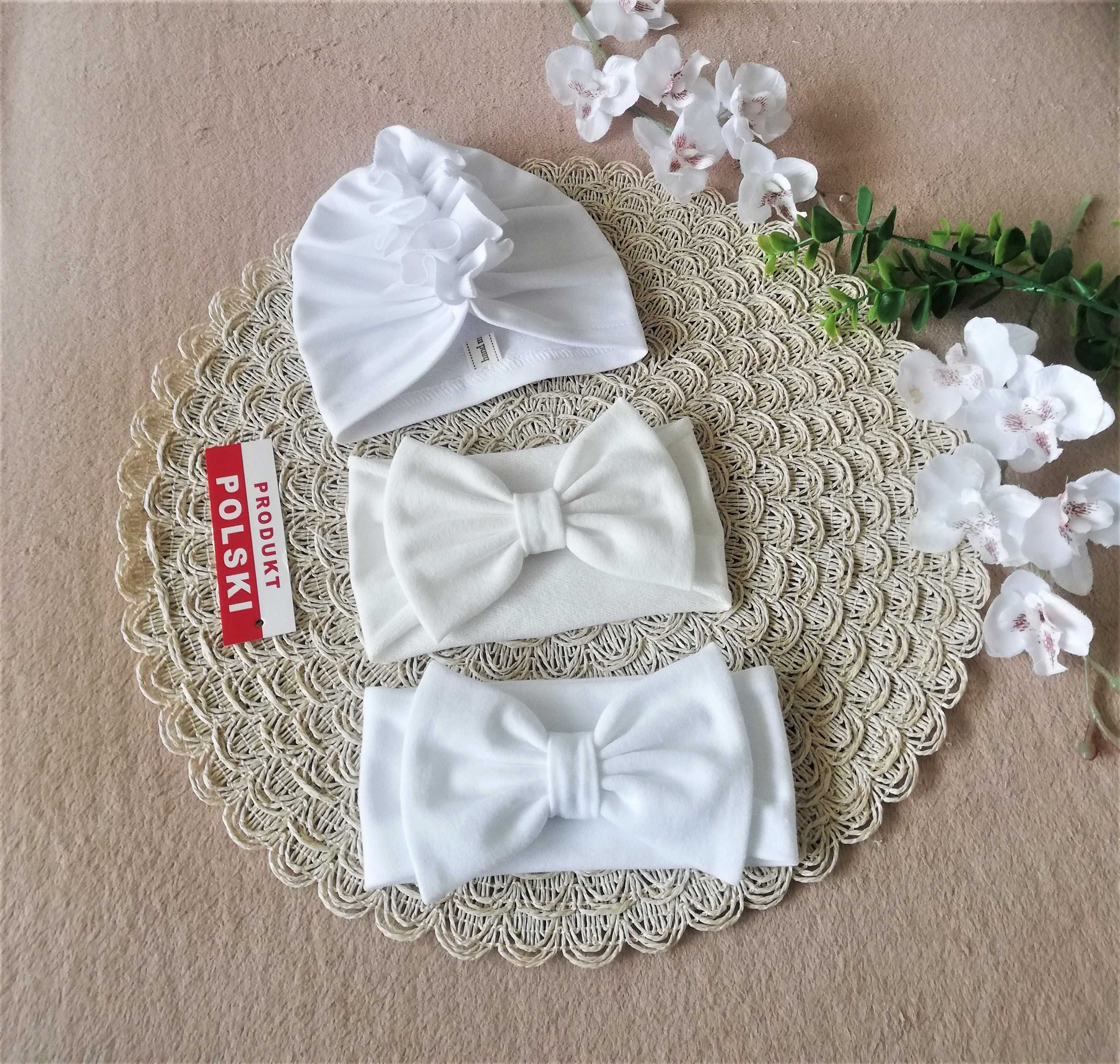 * Czapeczka turban + szeroka opaska z kokardą - komplet niemowlęcy *