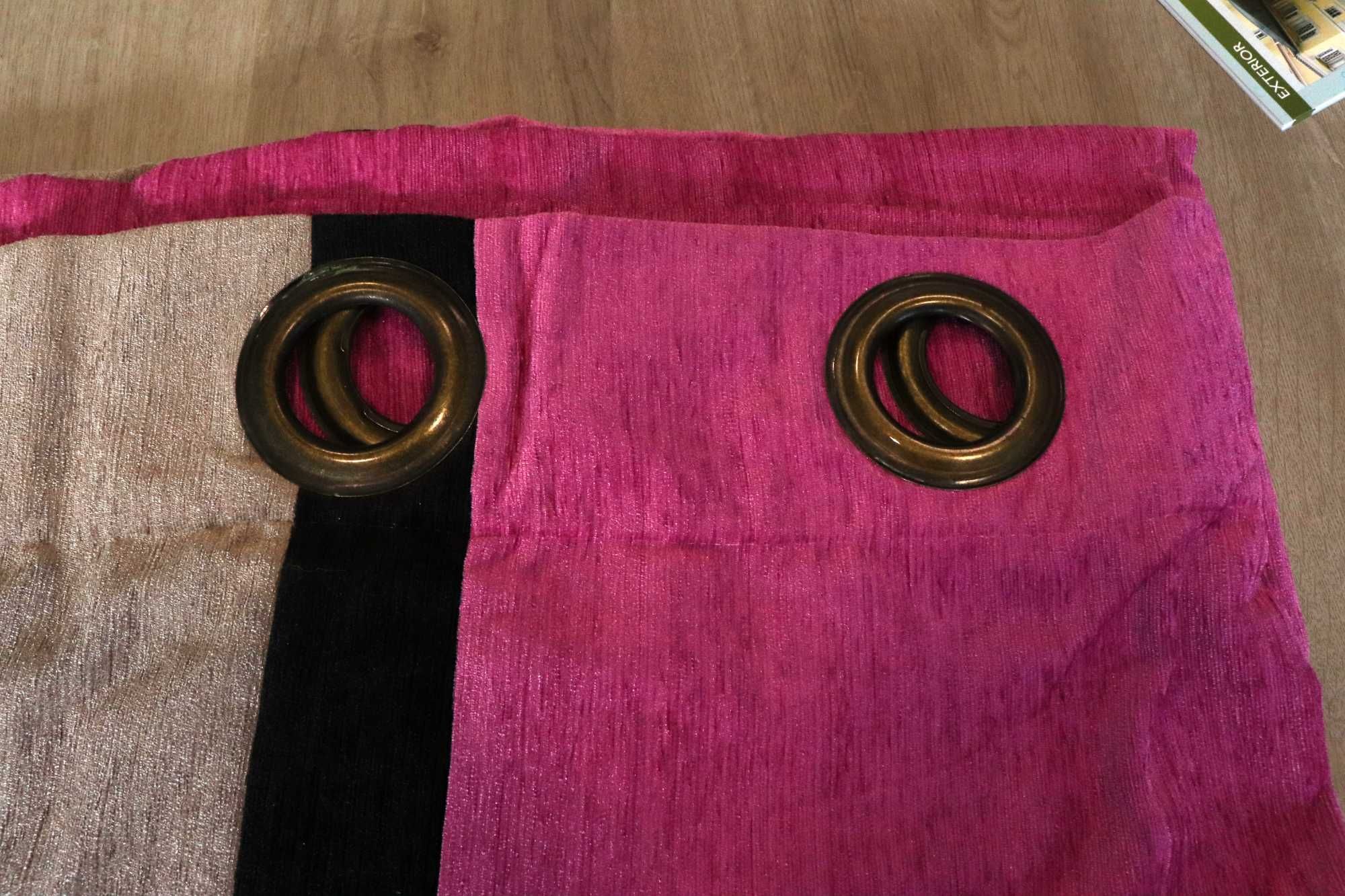 Cortinado de veludo Rosa, risca Preta e Bege com Ilhós com 140x260cm