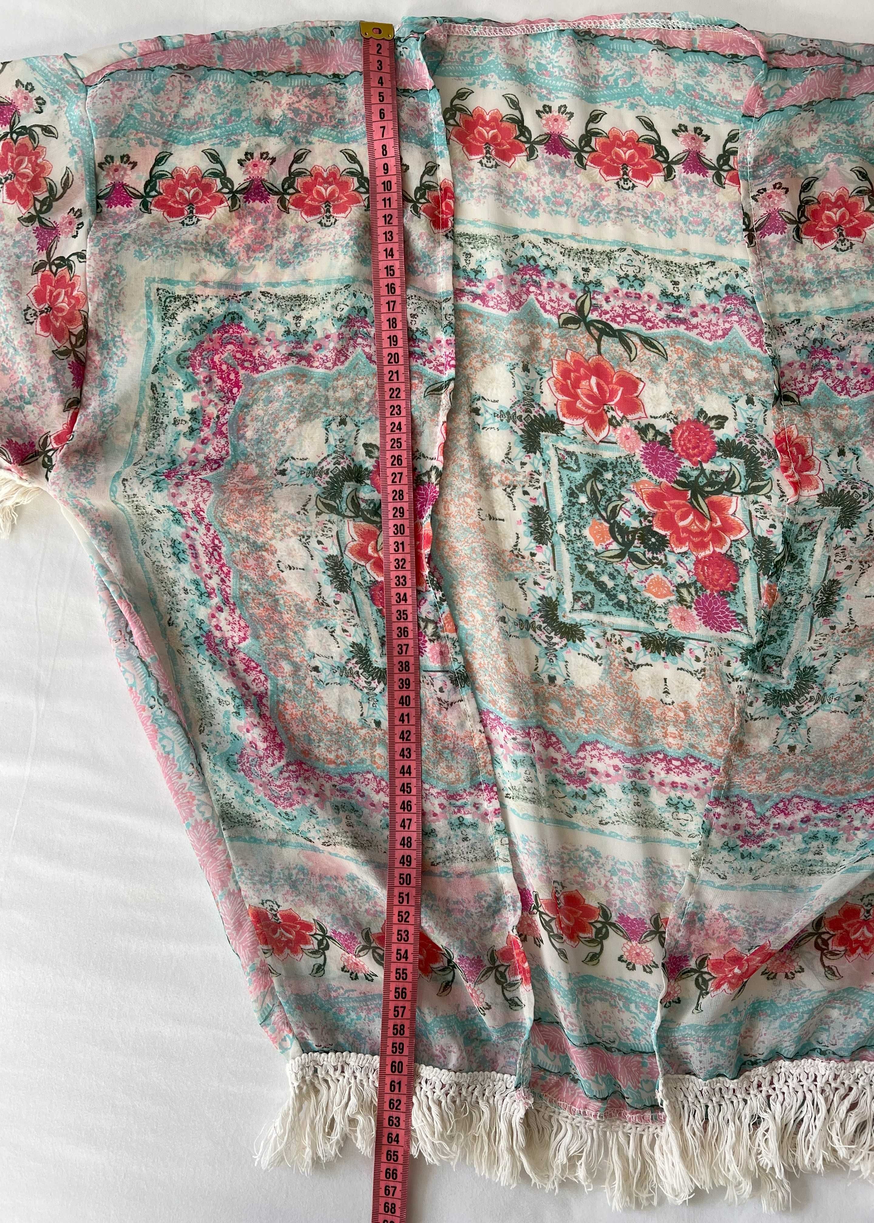 kwiatowe szyfonowe bolerko z frędzlami | krótkie kimono
