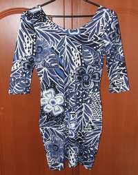 Sukienka tunika duży dekolt na plecach deseń w kwiaty Vintage 36/38