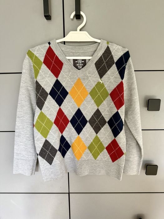 Elegancki sweterek chłopięcy w romby H&Mroz 110/116  szary w serek