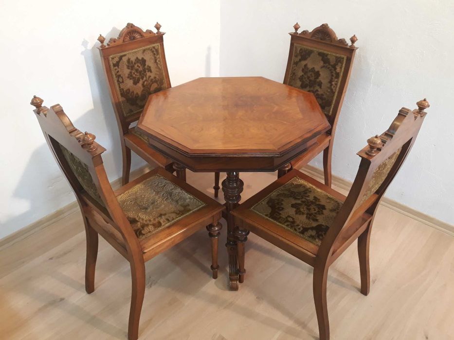 Komplet stół drewniany eklektyczny 4 krzesła staroniemiecki rzeźbiony