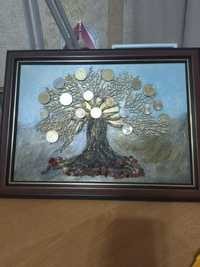 Панно  Денежное дерево с янтарном и евро монеты.