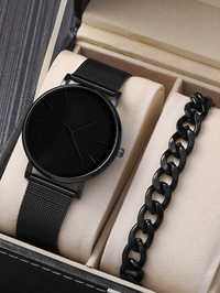 Minimalistyczny czarny zestaw męski (zegarek + bransoletka) SANTINO