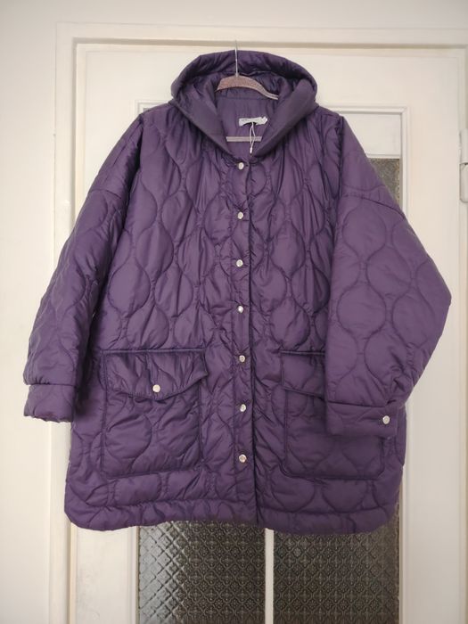 Куртка оверсайз большого размера стеганная с капюшоном и поясом 60р