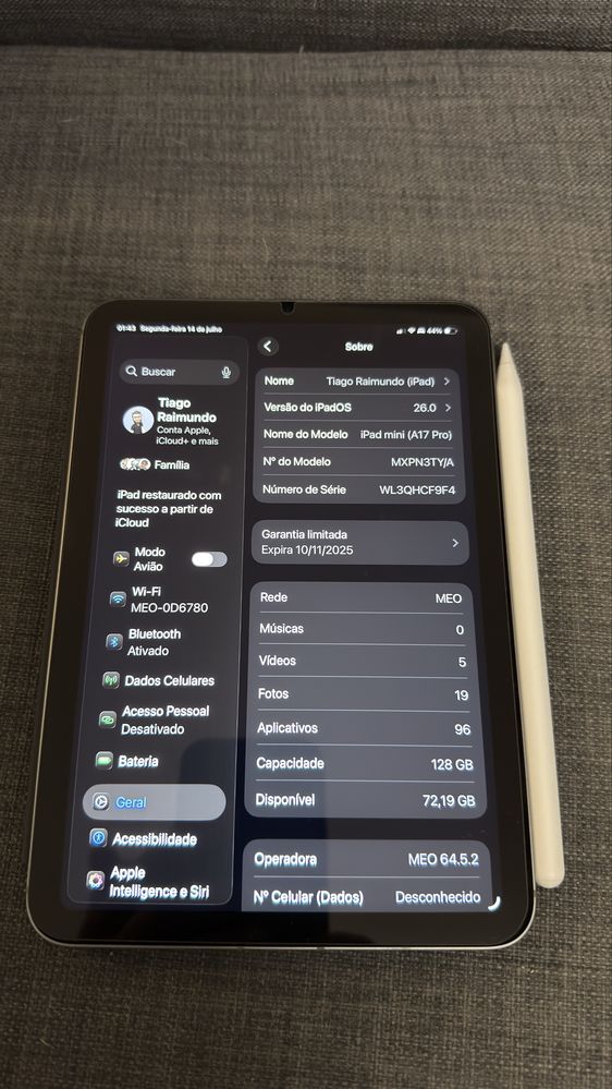 Ipad mini 7 celular 128 gb com pencil pto e smart folio
