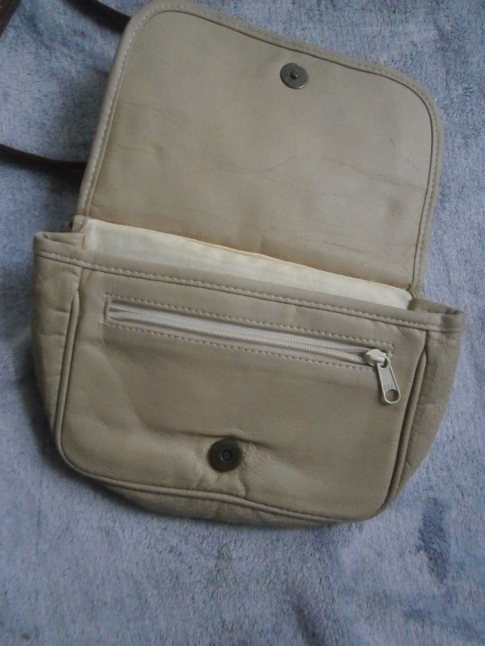 Mała skórzana torebka beżowa kremowa real vintage skóra + ekoskóra